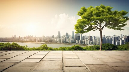 Concrete floor with tree and city skyline background