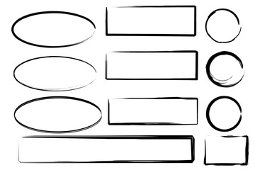 Hand drawn set with black grunge ovals rectangles. Hand drawn abstract vector set. Stock image.