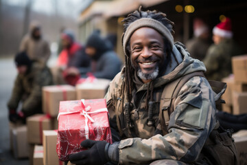 Fototapeta premium Happy homeless people in shelter receive charity donations, Arfo american mand holds red Christmas gift boxe