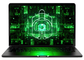 laptop with green digital padlock as a concept for cyber security and data protection isolated on a white background as transparent PNG