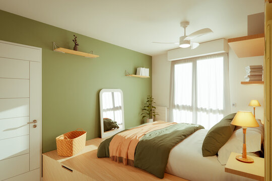 Modern green bedroom with wood casing and a big mirror - 3D render