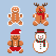 Christmas gingerbread pixel art set. Isolated icons with gingerbread, deer, snowman in 16-bit old style. Vector illustration of New Year elements.