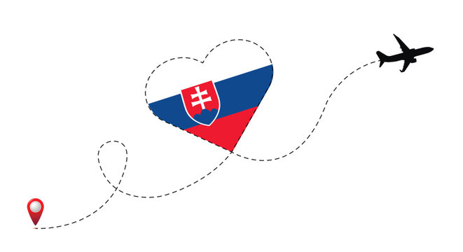 Airplane flight route with Slovakia flag inside the heart.