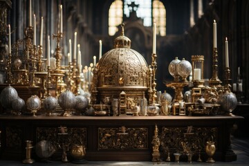  Church's ornate altar with golden candlesticks and religious icons, Generative AI