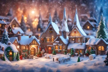 Craft a charming 3D scene of a snow-covered village straight out of a fairy tale. Include cottages, intricate ice sculptures, and festive decorations, all under a colorful Xmas background with a touch