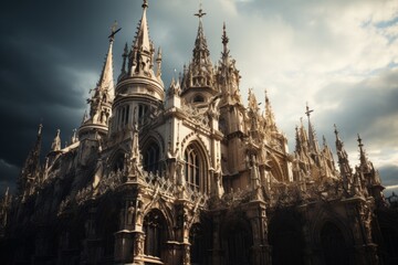 Fototapeta na wymiar Church's towering spires adorned with intricate stonework, Generative AI