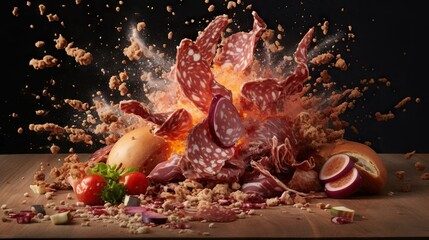  a pile of meat and vegetables on a table with a black background.  generative ai