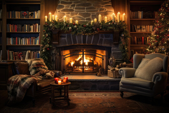 A warm and inviting living room with a crackling fireplace, adorned with Christmas decorations and stockings. Generated AI
