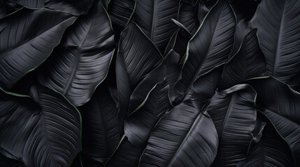 This image features abstract black leaves arranged to form a textured tropical background, blending dark and tropical elements.