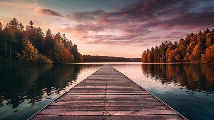 Solitude on an Empty Wooden Pier Overlooking a Calm Lake at Sunset