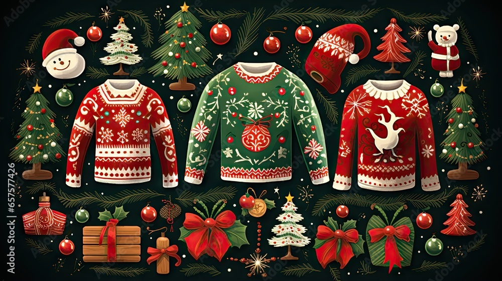 Sticker a group of ugly jumpers for a christmas party. generative ai