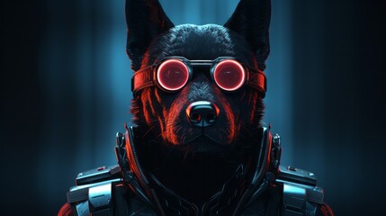 A cyberpunk black dog stares out with a fierce intensity, its red and black glasses hinting at an underlying mischievousness - obrazy, fototapety, plakaty