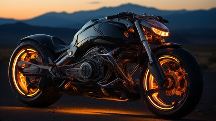 A majestic orange-glowing motorbike stands poised against a picturesque backdrop of a blazing sunset, beckoning all daring riders to embark on an exhilarating adventure down the open road - obrazy, fototapety, plakaty