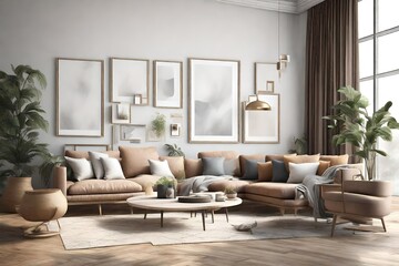 Generate a sophisticated 3D rendering of a mockup frame seamlessly integrated into a stylish living room interior. Pay attention to realistic lighting and textures to convey the ambiance of the space