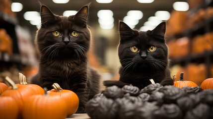 Two mischievous felines with twitching whiskers and gleaming eyes sit contentedly beside a vibrant pile of pumpkins, embracing the joys of an indoor halloween - obrazy, fototapety, plakaty