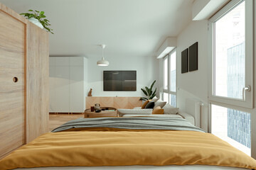 Loft-style small parisian appartment interior design - 3D render