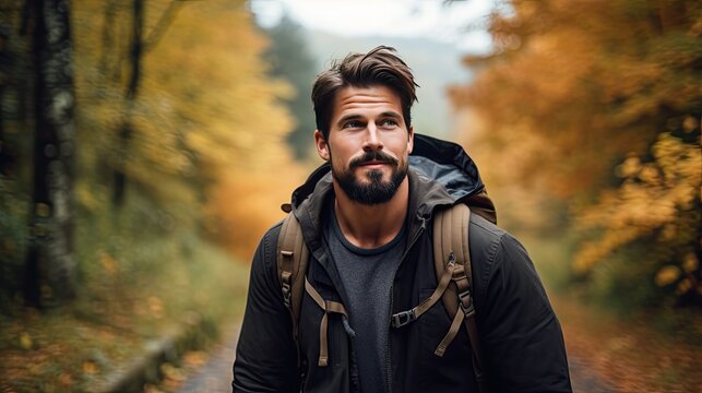 Bearded Man Backpacker Walking on Autumn Road. The warm colors of fall create a calm and inviting atmosphere, making this image perfect for travel, adventure, lifestyle and nature themed projects.