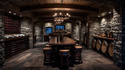 Basement wine cellar with stone walls, wooden wine racks, and vintage barrels