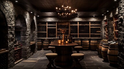 Basement wine cellar with stone walls, wooden wine racks, and vintage barrels