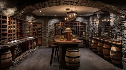 Foto op Aluminium Basement wine cellar with stone walls, wooden wine racks, and vintage barrels © Filip