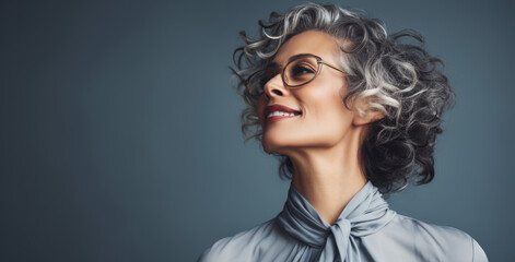 Beautiful older woman with smooth healthy face skin. Gorgeous aging mature woman with long wave y gray hair and happy smiling. Beauty and cosmetics skincare advertising concept - obrazy, fototapety, plakaty
