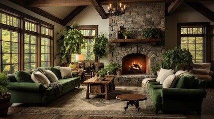 Cottage living room with a large stone fireplace, wooden beams, and plush armchairs