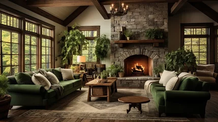 Fotobehang Cottage living room with a large stone fireplace, wooden beams, and plush armchairs © Filip