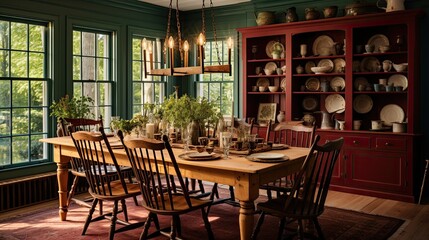 Country dining room with a long wooden table, spindle-back chairs, and a rustic chandelier