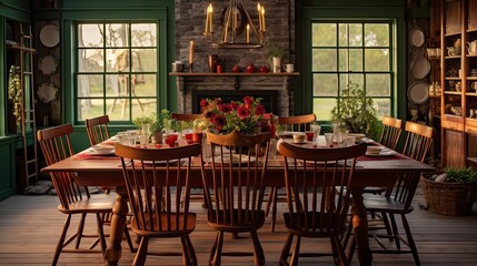 Fototapeta na wymiar Country dining room with a long wooden table, spindle-back chairs, and a rustic chandelier