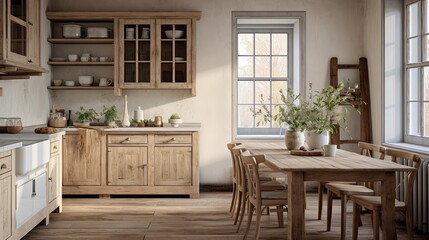 Farmhouse kitchen featuring wooden cabinets, a farmhouse sink, and a large rustic dining table - obrazy, fototapety, plakaty
