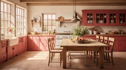 Farmhouse kitchen featuring wooden cabinets, a farmhouse sink, and a large rustic dining table