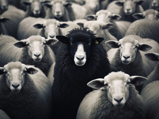 : An intriguing image featuring a black sheep within a flock of white sheep, set against a clean and uncluttered background, symbolizing uniqueness and individuality.
