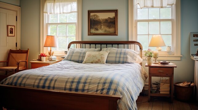 Cozy bedroom with wooden bed frame, patchwork quilt, and vintage side tables