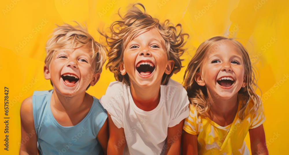 Wall mural three happy smiling, laughing children of african-american and white american race. child girl, yell