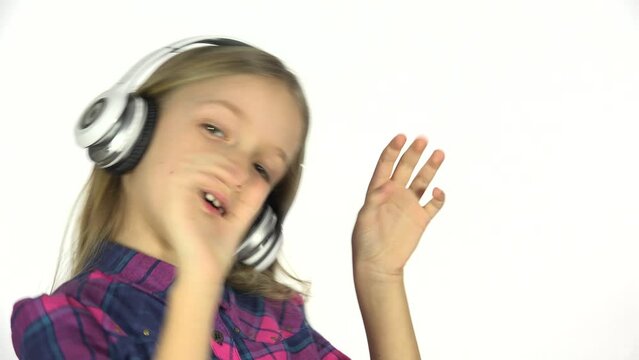 Child Dancing, Kid Listening Music at Headphones, Girl with Headset White Screen