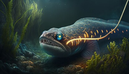 Electric eel fish facts freshwater moray illustration picture Ai generated art - obrazy, fototapety, plakaty