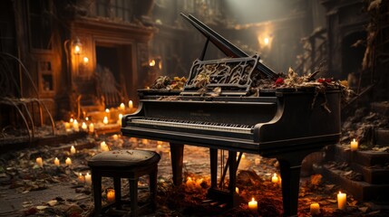 The gentle notes of a piano reverberate through the dark, candlelit room, creating a peaceful and...