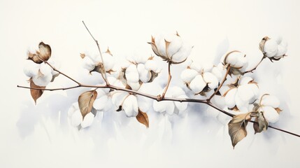  a branch of cotton with leaves and buds on a white background.  generative ai