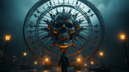 On a chilly winter night, a lone figure stands beneath a dark sky, illuminated only by the mysterious fog and the haunting glow of a large metal wheel adorned with a skull