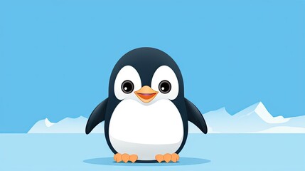  a cartoon penguin standing in the snow with mountains in the background.  generative ai