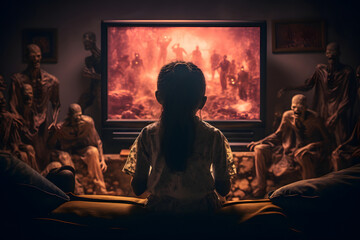 A girl watching TV with zombies and imagining being surrounded by zombies. Rear view. Neural network generated image. Not based on any actual person, scene or pattern.
