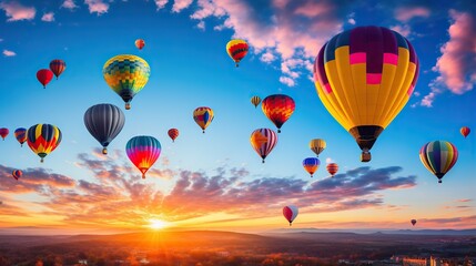  a group of hot air balloons flying in the sky at sunset.  generative ai
