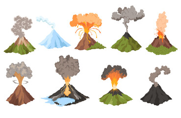 Volcano icons. Magma nature blowing up with smoke. An awakened vulcan activity fire and smoke elements. Volcano eruption set. Flat cartoon  isolated illustration © the8monkey