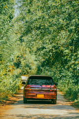 Obraz premium Car driving through a small road surrounded by a forest