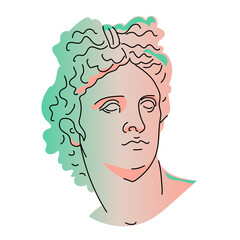 Greek head sculpture of Apollo. Ancient Olympian god. Decorative portrait with color gradient and outline. Isolated on white background. Hand drawn. Vector illustration.