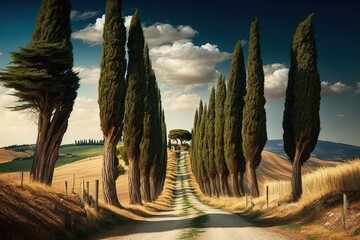 Road between trees, tall trees, rural road, digital art style, illustration painting