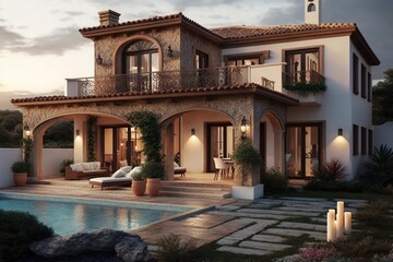 Mansion pool, big house, country house, huge pool, digital art style, illustration painting
