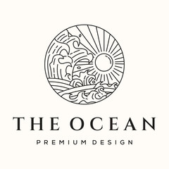 ocean nature line art logo vector minimalist illustration design, sea summer view symbol design