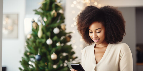 Young african american woman ordering gift during Christmas holiday at home using smartphone and credit card. Shopping online during holidays, internet banking, store online. - obrazy, fototapety, plakaty
