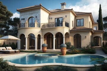Obraz na płótnie Canvas Mansion pool, big house, country house, huge pool, digital art style, illustration painting